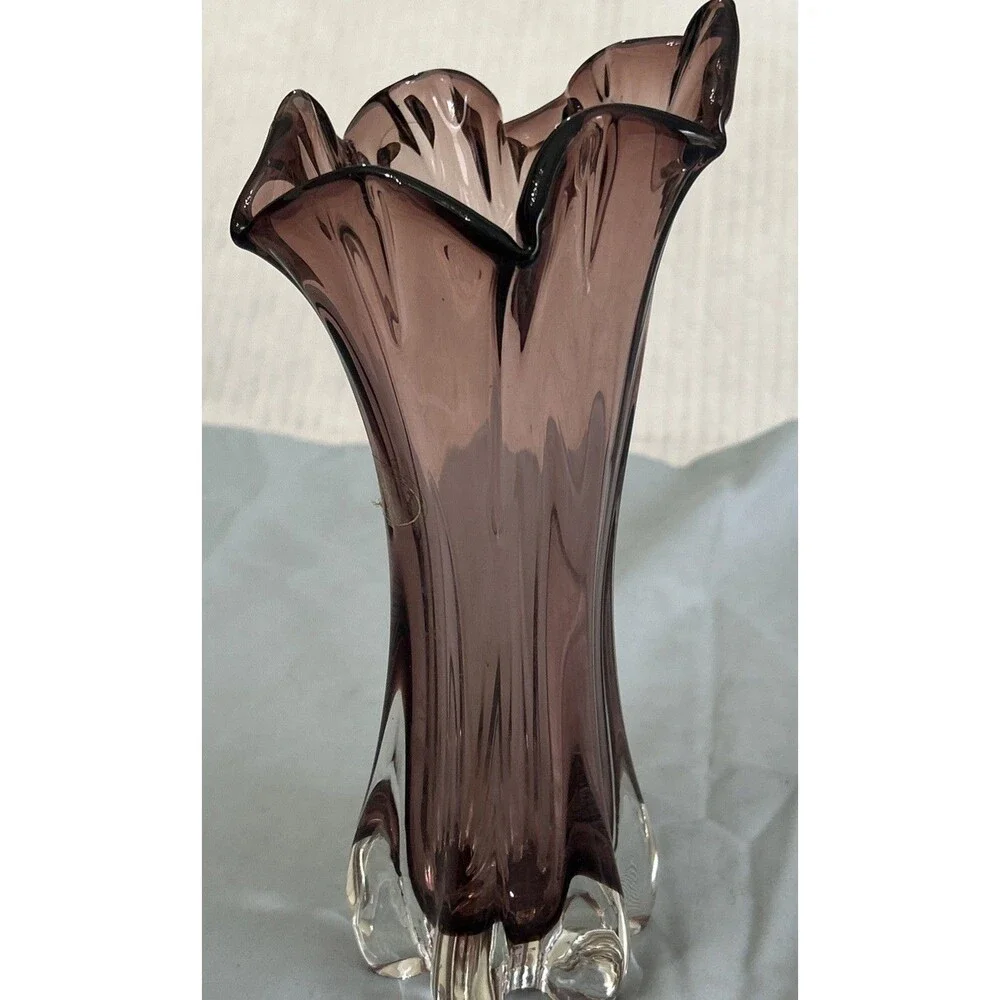 Vintage Cavalier Art Glass AMETHYST VASE With Ruffle Top 9” Tall